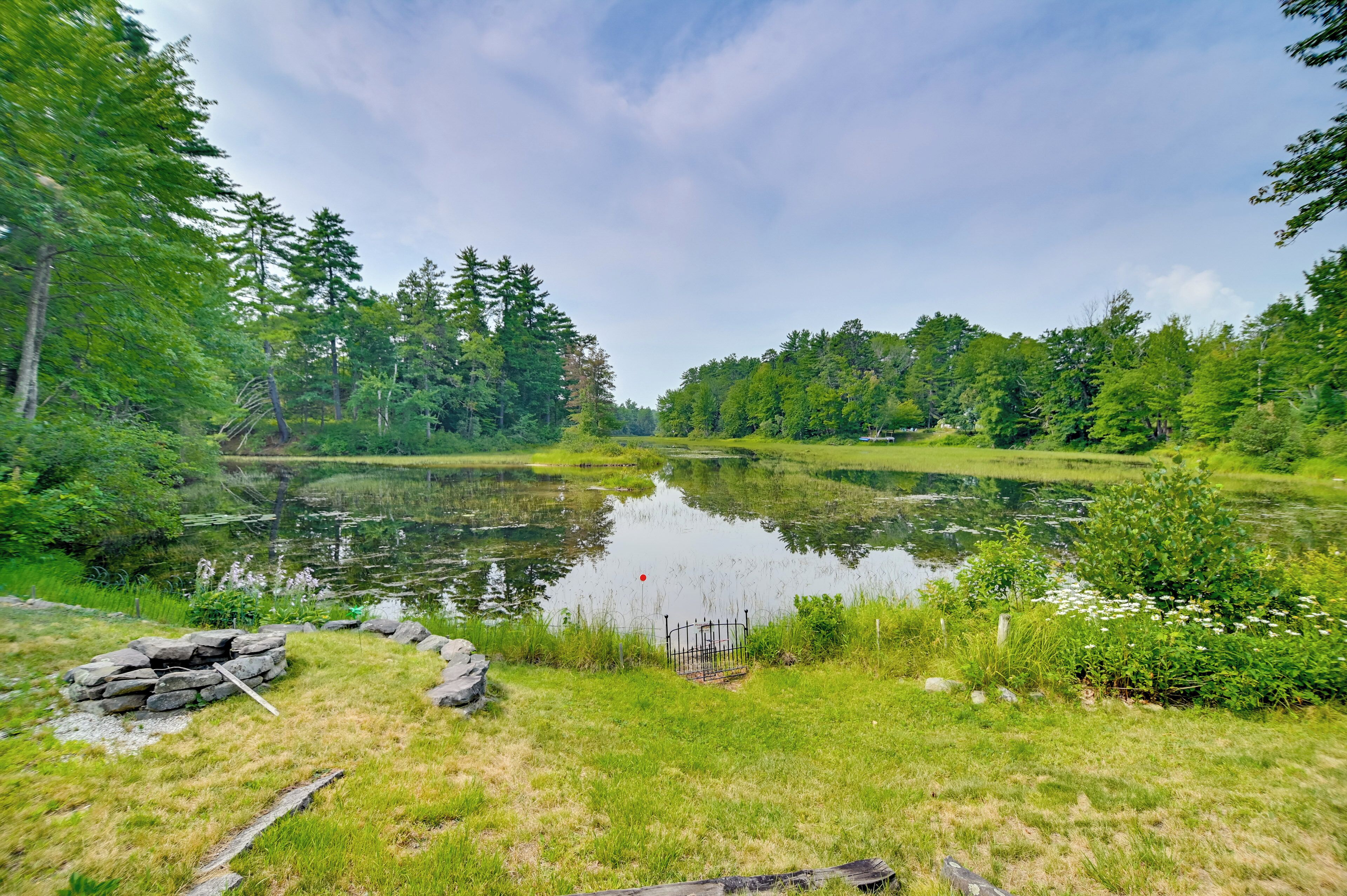 A serene lakeside scene with a clear sky, surrounded by dense greenery and trees.
