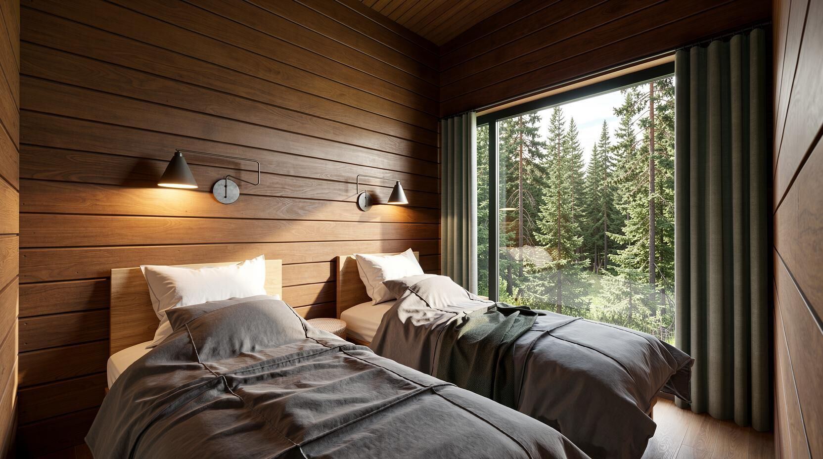 A bedroom with two beds, wooden panel walls, and a window with a forest view.