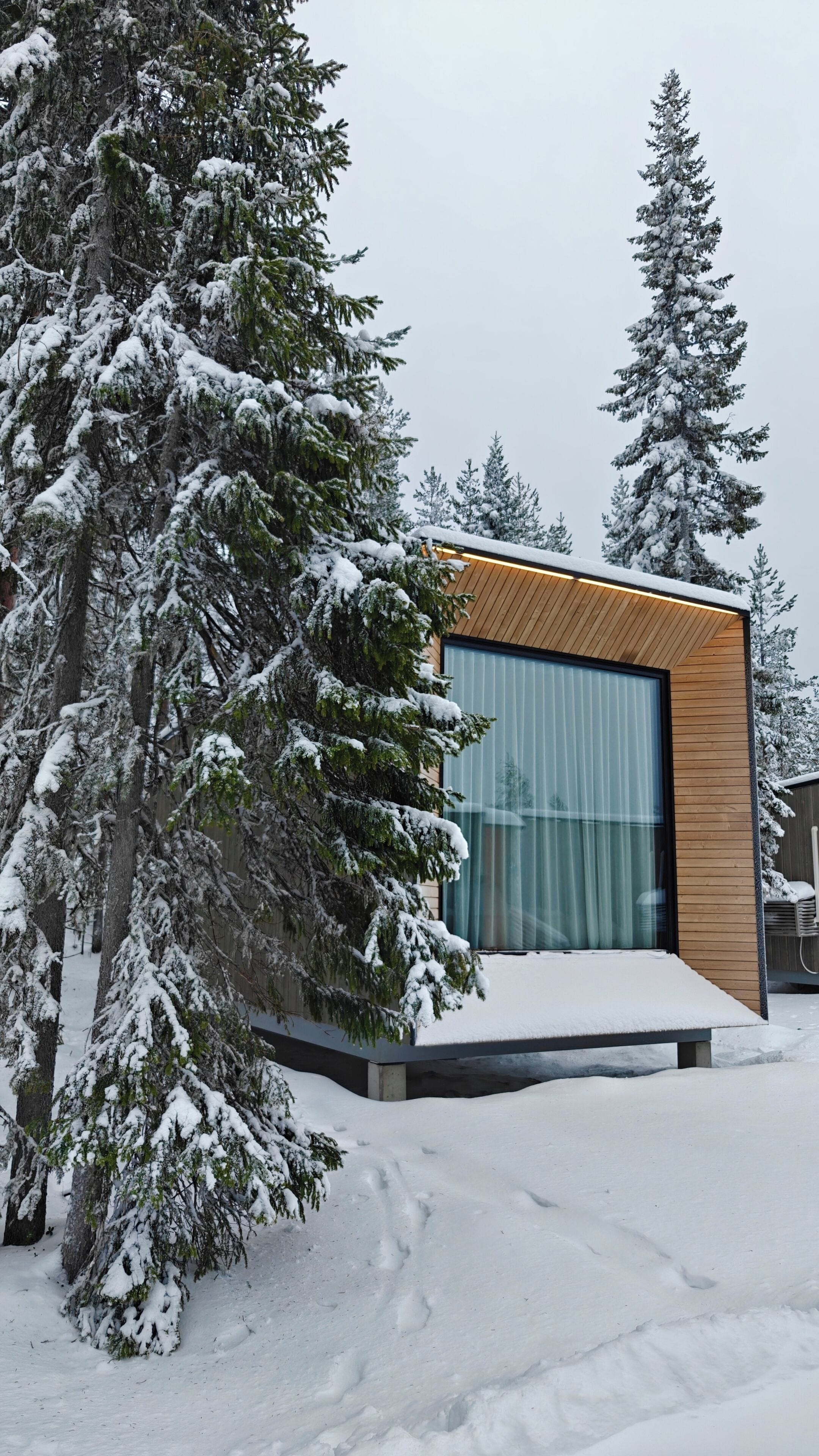 A modern building with large windows and a wooden exterior, surrounded by snow-covered trees.