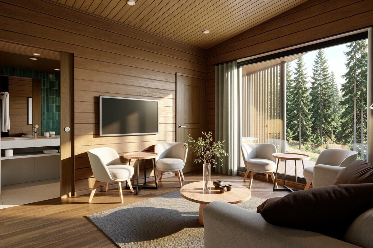 A modern living room with a wooden ceiling, a flat-screen TV, and a large window with a forest view.