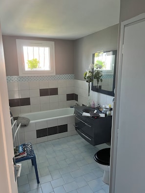 Hair dryer, towels, toilet paper
