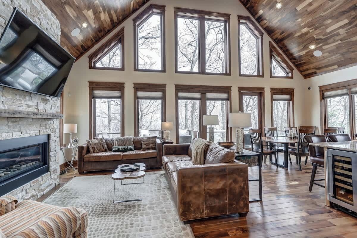 TV, fireplace, books, stereo