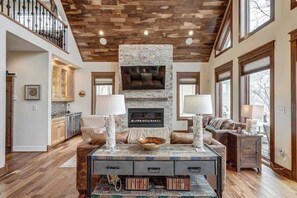 TV, fireplace, books, offices
