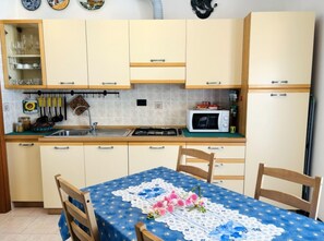 Fridge, microwave, stovetop, cookware/dishes/utensils