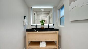 Une salle de bain moderne avec un plan de toilette noir, un meuble-lavabo en bois et un grand miroir.