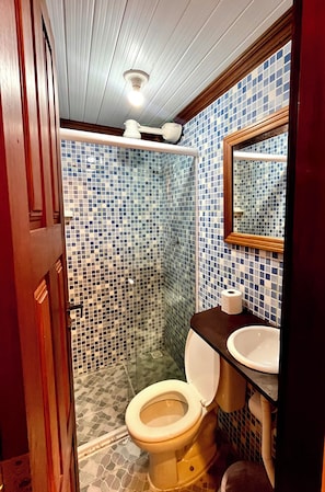 Een badkamer met een douchebekleding van mozaïektegels, een toilet, een wastafel en een spiegel.