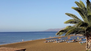 Ein Strand mit blauen Sonnenschirmen und Liegestühlen, einer Palme und freiem Blick auf das Meer.
