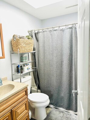 Hair dryer, towels, soap, toilet paper