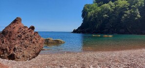 A rocky beach with clear water, a large rock formation, and a cliff with dense vegetation.