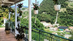 Un espacio al aire libre cubierto con macetas colgantes, suelo de baldosas y barandilla con vistas a un paisaje verde con colinas y edificios.
