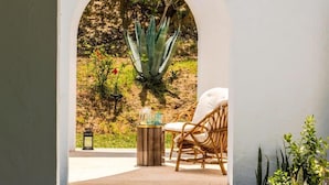 Un arco d'ingresso conduce a un patio con una sedia in vimini, un tavolino rotondo e una pianta in vaso.