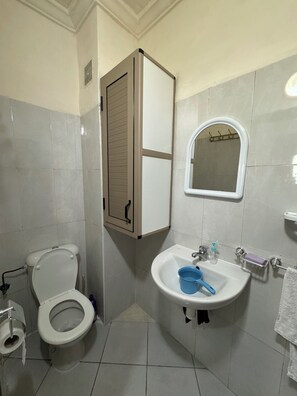Shower, towels, soap, toilet paper