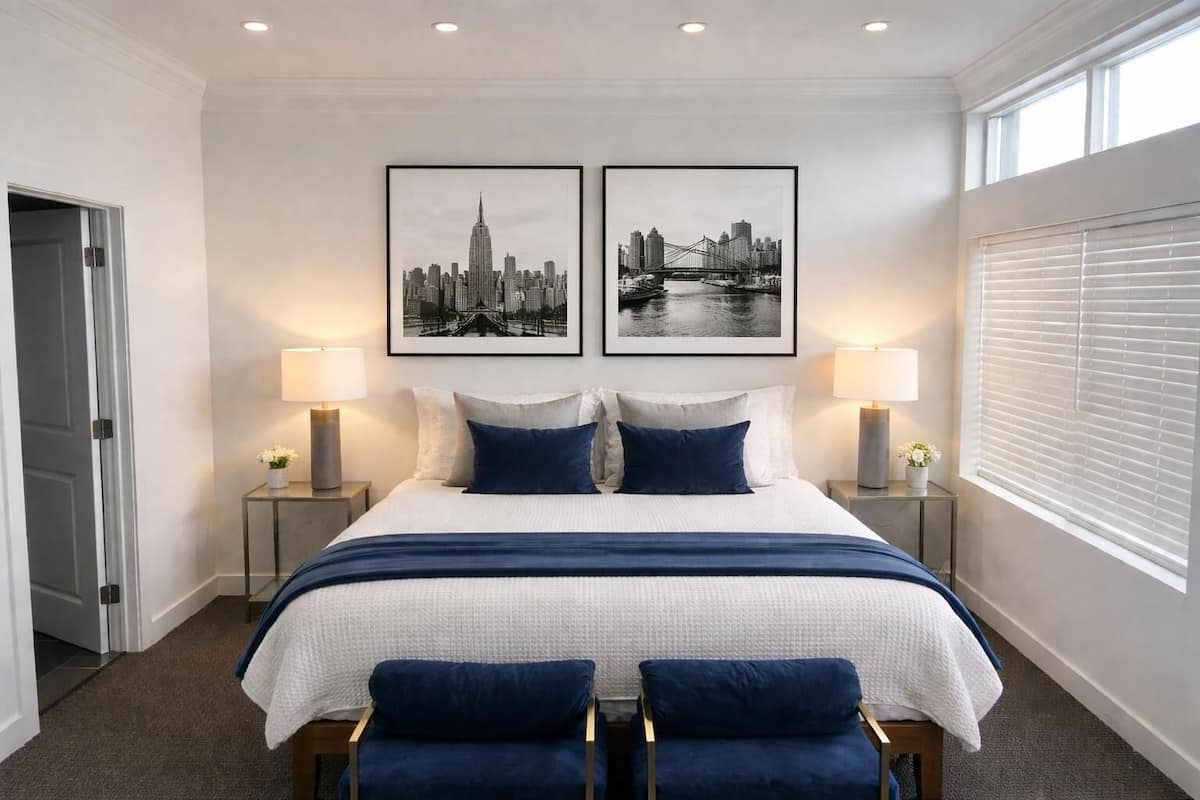 Ein Hotelzimmer mit einem großen Bett, zwei Nachttischen, einem Fenster mit Jalousien und zwei gerahmten Stadtansichten an der Wand.