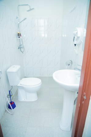 Douche, séchoir à cheveux, serviettes fournies, savon
