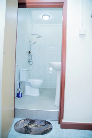 Shower, hair dryer, towels, soap