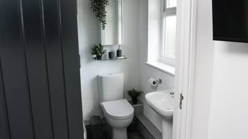 Shower, towels, soap, toilet paper