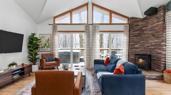 Smart TV, fireplace, books