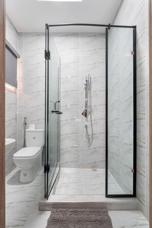 Shower, hair dryer, bidet, towels