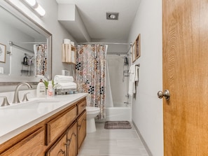 Hair dryer, towels, soap, shampoo