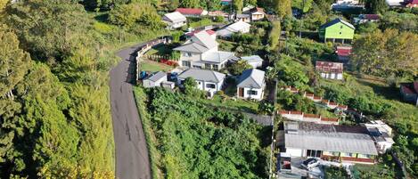 An aerial view of a residential area with houses, a winding road, and dense greenery.