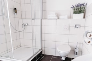 Shower, hair dryer, towels, soap
