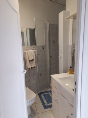 Et badeværelse med toilet, bruseniche, vask og spejl.