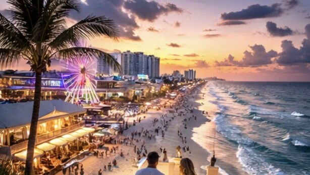 A beachside promenade with a Ferris wheel, beachfront restaurants, and a staircase leading down to the beach. - Blue Wave Retreat (Beach) (Daytona Beach)