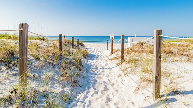 Un sentier de sable qui longe la plage et mène à l’océan, et qui est délimité par des poteaux et des cordes en bois.
