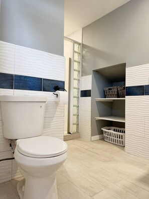 Hair dryer, bidet, soap, shampoo