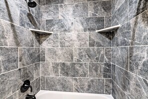 Hair dryer, towels, soap, shampoo