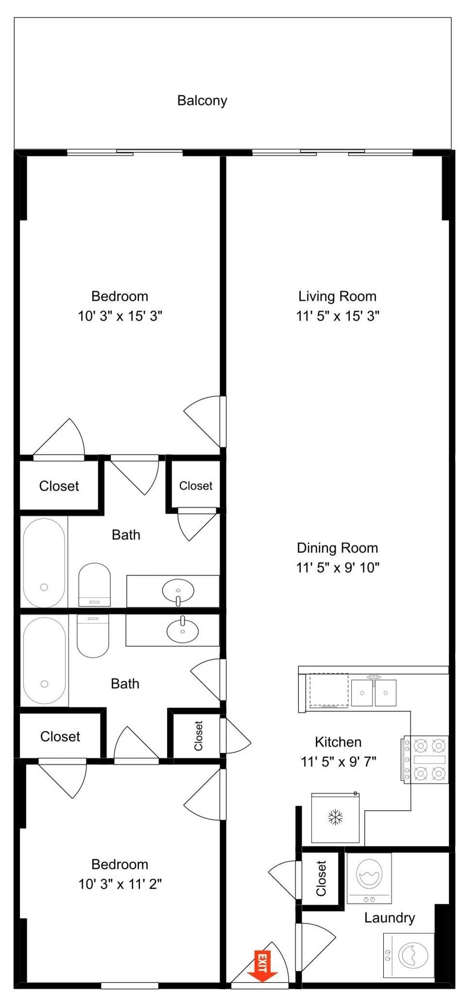 A floor plan of a two-story apartment with a balcony, two bedrooms, a living room, a dining room, a kitchen, a bathroom, and a laundry area.