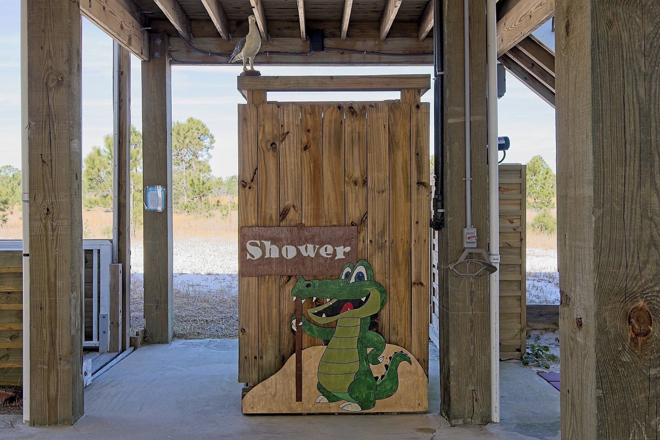 A wooden structure with a sign reading "Shower" and a cartoon crocodile.