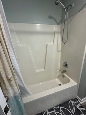 Hair dryer, towels, soap, toilet paper