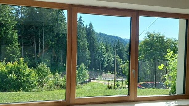 A room with a large sliding glass door leading to a forested outdoor area. - Panorama Suite Waldhaus 3-bedroom apartment near Obereggen directly hiking trail (Nova Ponente)
