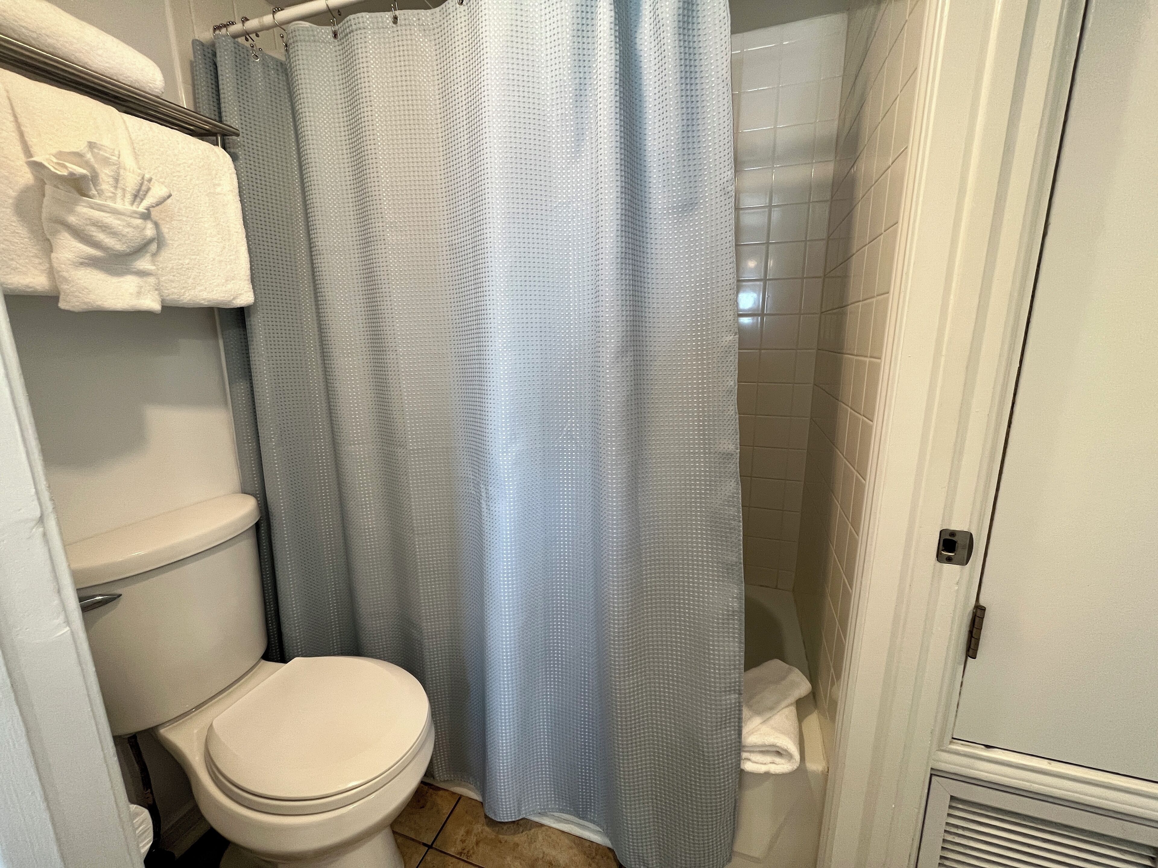 Et badeværelse med toilet, bruseforhæng og håndklædestige.