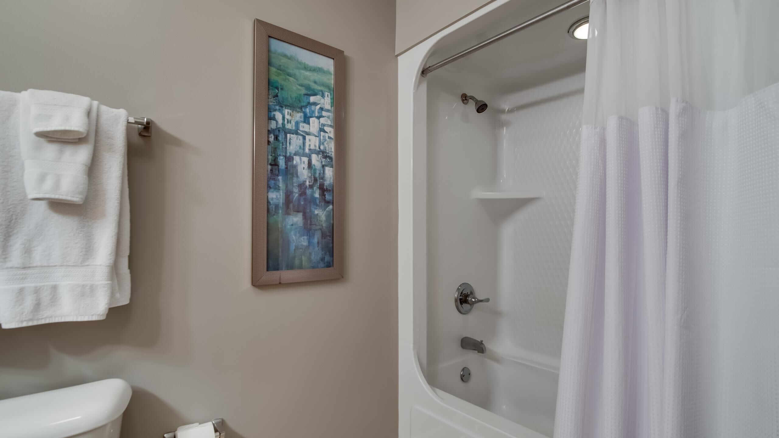 Een badkamer met een badkuip, toilet en een lijst met een schilderij erop.