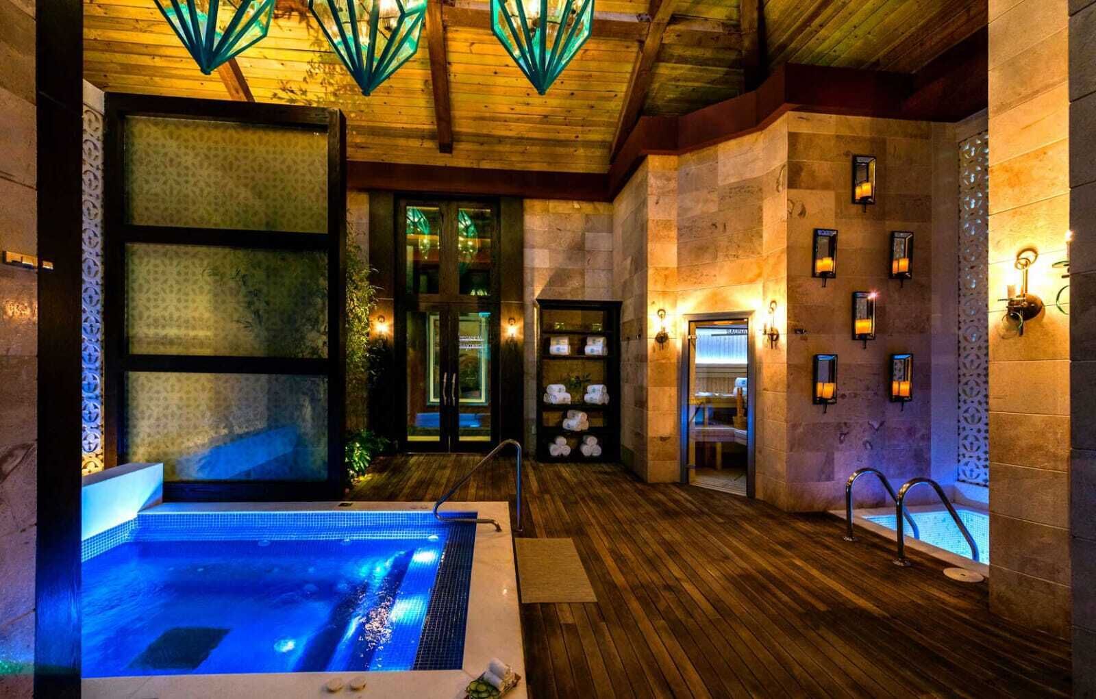 Sauna, hot tub, steam room, facials, massages