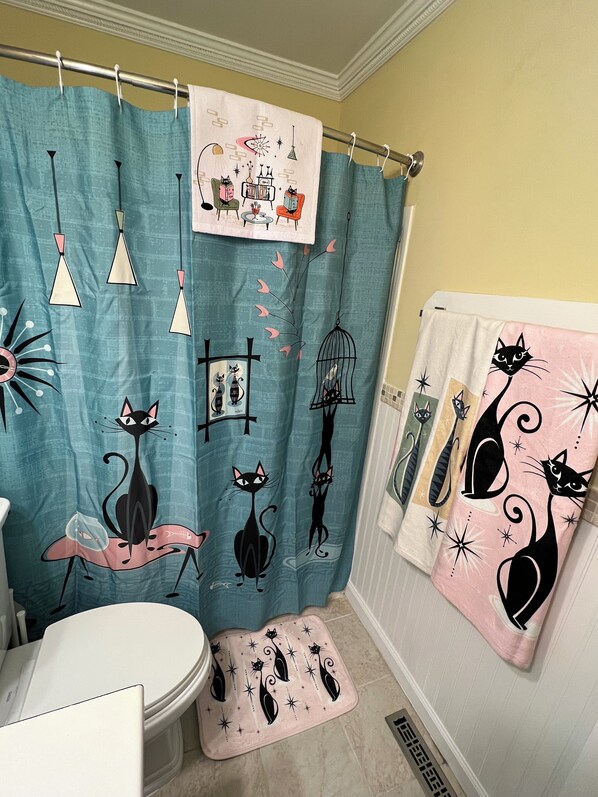 Hair dryer, towels, soap, toilet paper