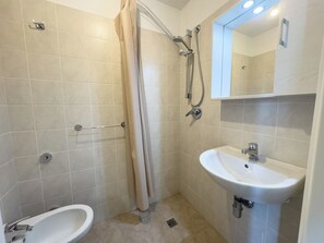 Shower, hair dryer, bidet, towels