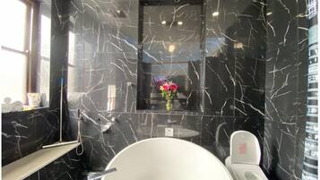 Hair dryer, towels, soap, toilet paper