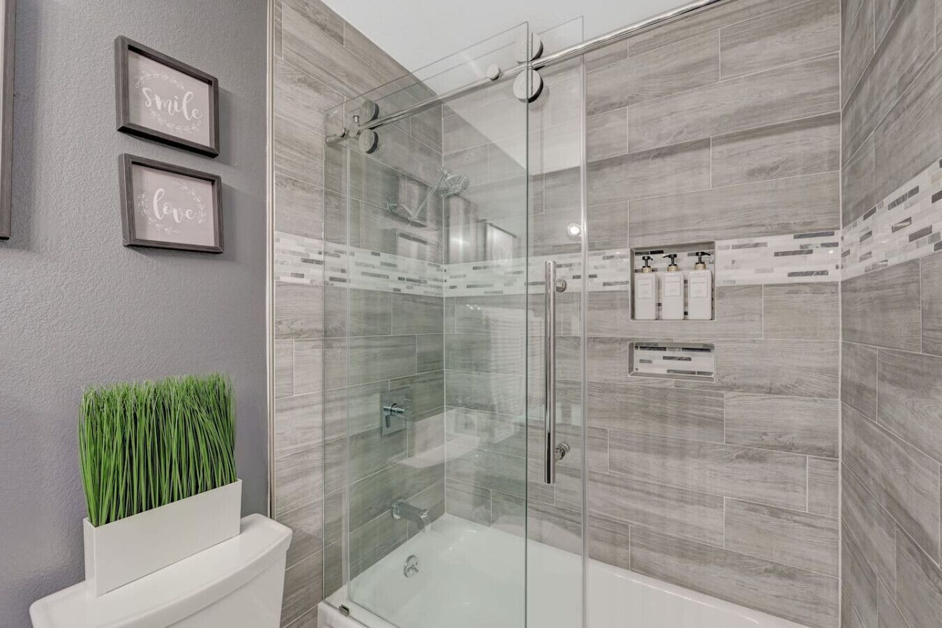 Hair dryer, towels, soap, shampoo