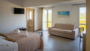 Un dormitorio con una cama, un sofá, un televisor y un cuadro.
