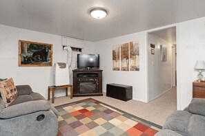 Smart TV, fireplace, books, offices