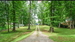A gravel path leading to a blue building surrounded by lush green trees.