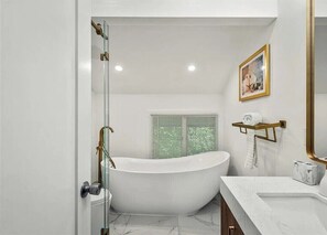 Hair dryer, towels, soap, toilet paper