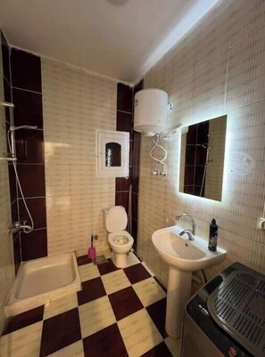 Hair dryer, towels, soap, toilet paper