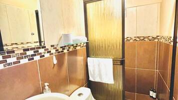 A bathroom with a sink, toilet, and a glass-enclosed shower area.