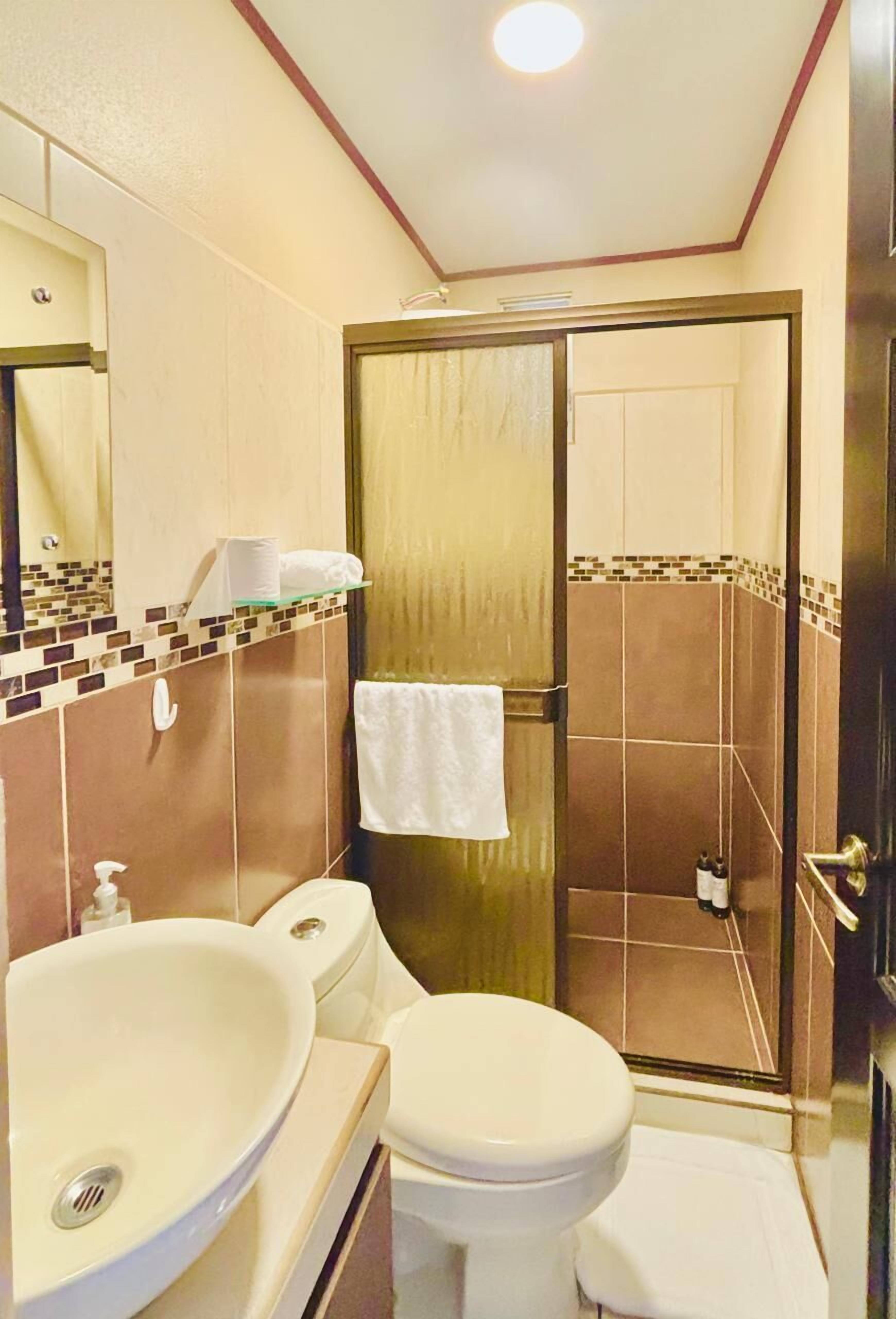 Een badkamer met een wastafel, toilet en een douchecabine.
