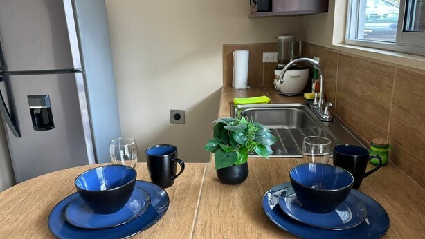 Una cocina con un refrigerador de acero inoxidable, un lavaplatos y una ventana. Hay dos tazones azules sobre una mesa de madera.