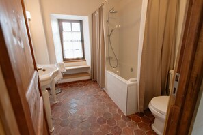 Hair dryer, towels, soap, toilet paper